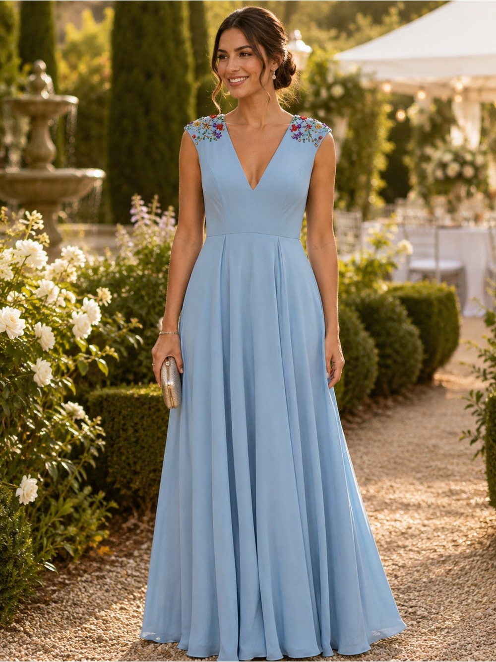 Mac Duggal Powder Blue V-Neck Embroidered Cap Sleeve Gown